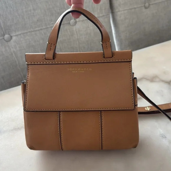 Tory Burch Block  T Mini Satchel Bag Light Tan Leather Handbag Top Handle 2 Ways - Picture 3 of 17